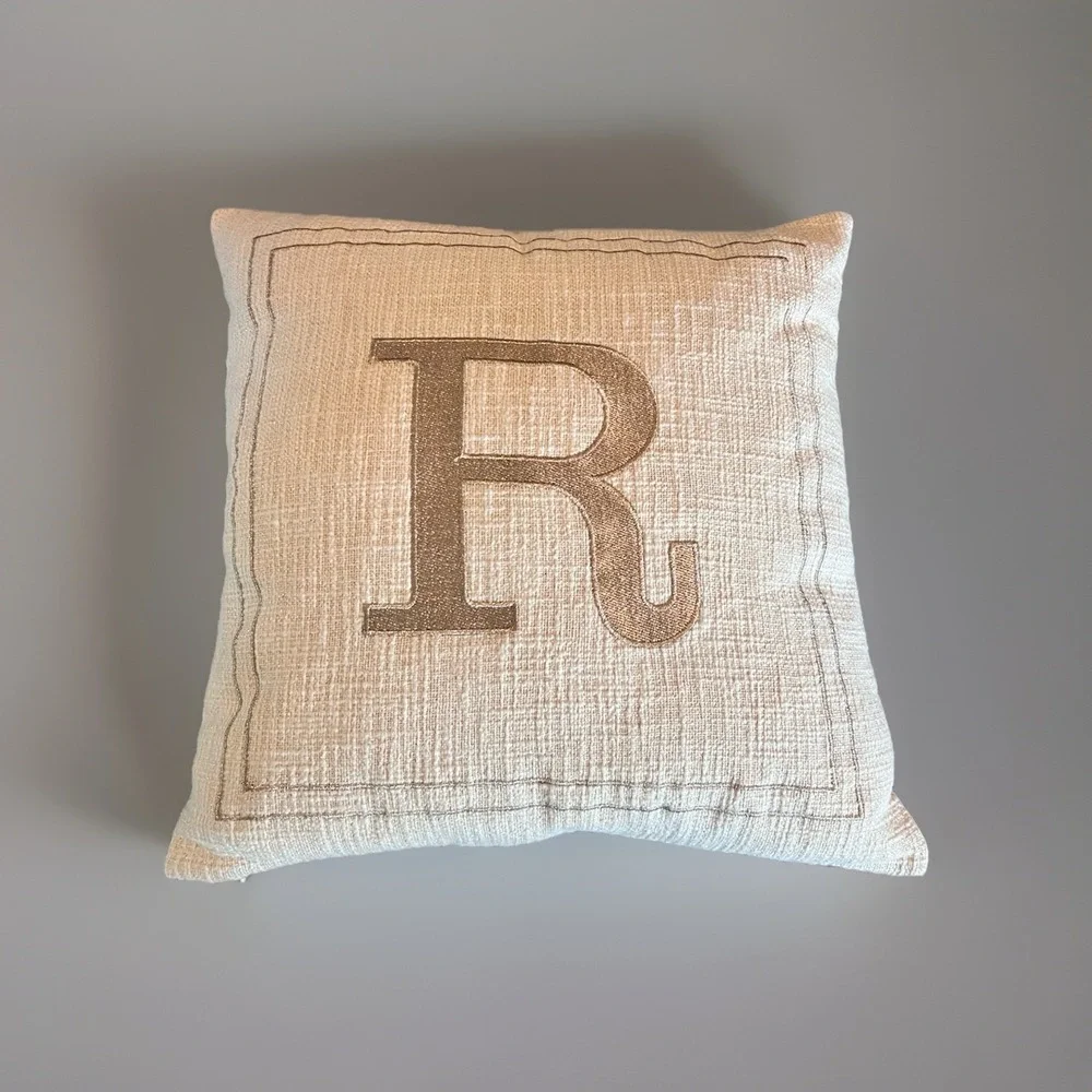 Monogram‎ Letter R Throw Pillow 16x16 Beige Linen Embroidered Cushion- Farmhouse